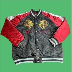 🦁 STALL AND DEAN graphic embroidered souvenir satin bomber varsity jacket 🦁